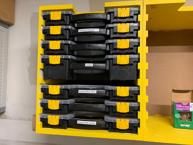 Construction of an organizer shelf for Harbor Freight storage bin.