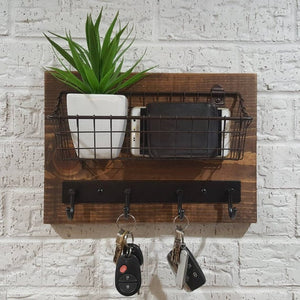 Simply Rustic Mail Organizer Shelf with Basket and Key Hooks by KeoDecor