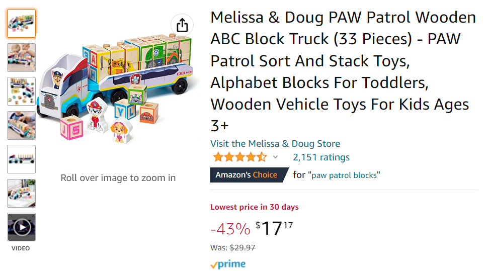 Amazon.ca: Melissa & Doug PAW Patrol Wooden ABC Block Truck $17.17 (Was $29.97 Save 43%)