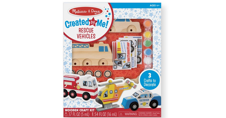 Melissa & Doug Created by Me! Rescue Vehicles Wooden Craft Kit – Decorate-Your-Own Police Car, Fire Truck, Helicopter – Just $9.34!