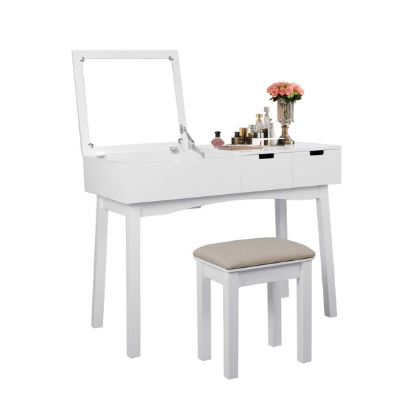 Best seller  vanity table with large sized flip top mirror makeup dressing table with a cushion stool set writing desk with two drawers one small removable organizers easy assembly