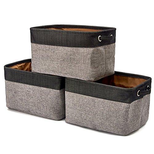 EZOWare Set of 3 Collapsible Large Cube Fabric Linen Canvas Storage Bins Baskets for Shelves Cubby Laundry Playroom Closet Clothes Shoe Baby Toy with Handles (Black and Gray)