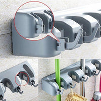 Kitchen mop broom holder wall mounted garden tool organizer space saving storage rack hanger with 5 position with 6 hooks strong grip holds up to 11 tools for kitchen garden and garage