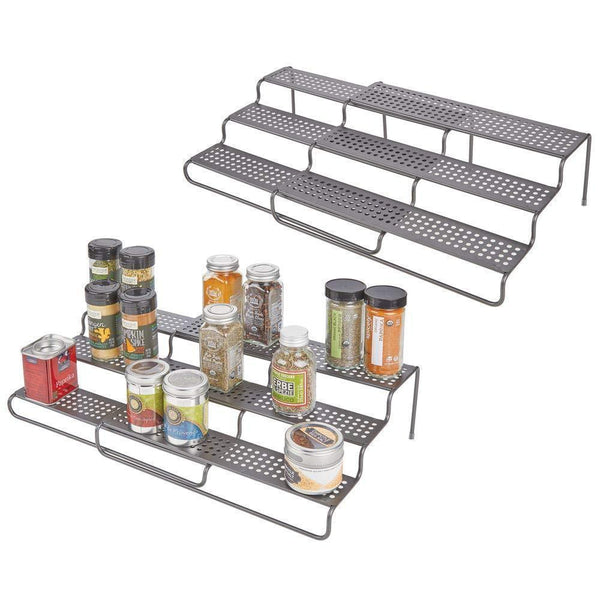 mDesign Adjustable, Expandable Kitchen Wire Metal Storage Cabinet, Cupboard, Food Pantry, Shelf Organizer Spice Bottle Rack Holder - 3 Level Storage - Up to 25" Wide, 2 Pack - Graphite Gray