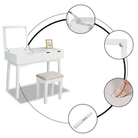 Budget friendly vanity table with large sized flip top mirror makeup dressing table with a cushion stool set writing desk with two drawers one small removable organizers easy assembly