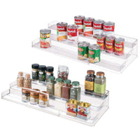 mDesign Large Plastic Adjustable, Expandable Kitchen Cabinet, Pantry, Shelf Organizer/Spice Rack with 3 Tiered Levels of Storage for Spice Bottles, Jars, Seasonings, Baking Supplies - 2 Pack - Clear