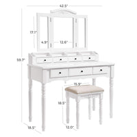 Top vasagle vanity set tri folding necklace hooked mirror 7 drawers 6 organizers makeup dressing table with cushioned stool easy assembly for women white urdt06m