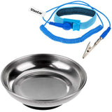 Vastar Round Stainless Steel Magnetic Tray, Magnetic Parts Holder, 4 Inch, and ESD Anti-Static Wrist Strap Components, Blue