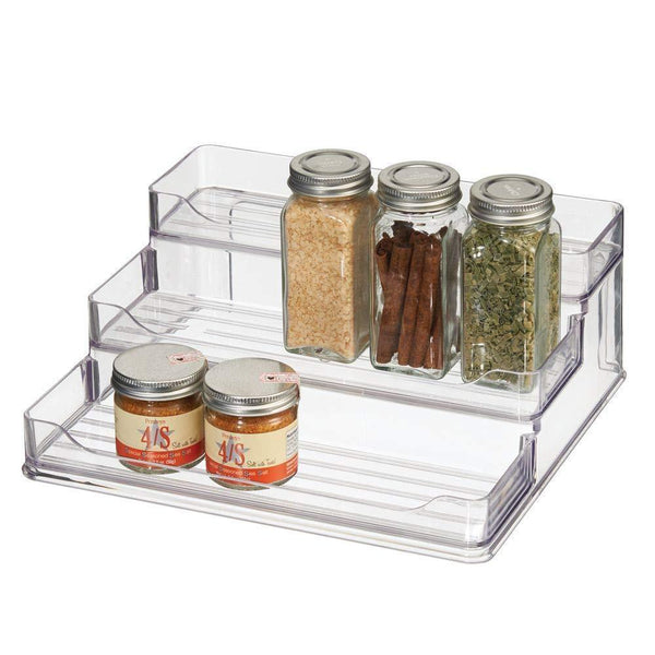mDesign Plastic Spice and Food Kitchen Cabinet Pantry Shelf Organizer - 3 Tier Storage - Modern Compact Caddy Rack - Holds Spices/Herb Bottles, Jars - for Shelves, Cupboards, Refrigerator - Clear