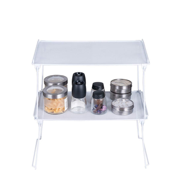 2 Pack- Stackable Kitchen Cabinet and Counter Shelf Organizer, Spice Jars Bottle Standing Shelf Holder Rack, Wire Metal Cupboard, Food Pantry Shelf Organizer, White