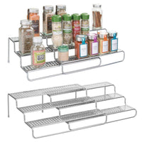 mDesign Adjustable, Expandable Kitchen Wire Metal Storage Cabinet, Cupboard, Food Pantry, Shelf Organizer Spice Bottle Rack Holder - 3 Level Storage - Up to 25" Wide, 2 Pack - Silver