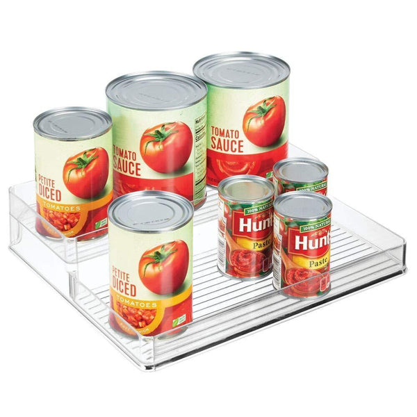 mDesign Plastic Kitchen Food Storage Organizer Shelves, Spice Rack Holder for Cabinet, Cupboard, Countertop, Pantry - Holds Spices, Jars, Baking Supplies, Canned Food, Pasta - 2 Levels, 12" W - Clear