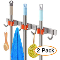Discover the best yumore broom mop holder pack of 2 stainless steel heavy duty organizer for garden and cleaning tools screw and adhesive installation easy install space saving