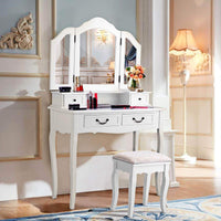 Buy now charmaid vanity set with tri folding mirror and 4 drawers makeup dressing table with cushioned stool makeup vanity set for women girls bedroom makeup table and stool set white