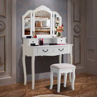 Buy charmaid vanity set with tri folding mirror and 4 drawers makeup dressing table with cushioned stool makeup vanity set for women girls bedroom makeup table and stool set white