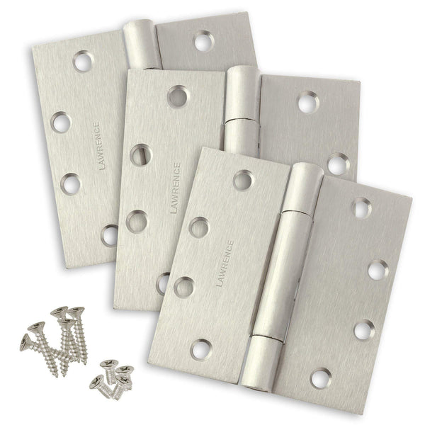 Commercial Stainless Steel Door Hinges, Concealed Bearing, Satin Stainless Steel (US32D), 4.5” x 4.5”, 3 Pack, by Lawrence Hardware