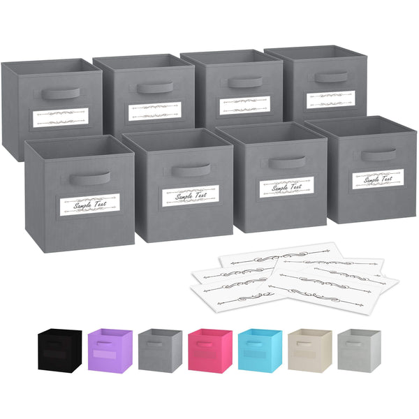 Royexe - Storage Cubes - (Set of 8) Storage Baskets | Features Dual Handles & 10 Label Window Cards | Cube Storage Bins | Foldable Fabric Closet Shelf Organizer | Drawer Organizers and Storage (Grey)