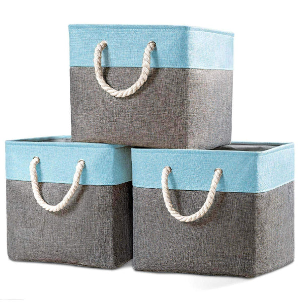 Prandom Large Foldable Cube Storage Baskets Bins 13x13 inch [3-Pack] Fabric Linen Collapsible Storage Bins Cubes Drawer with Cotton Handles Organizer for Shelf Toy Nursery Closet Bedroom(Gray/Blue)...