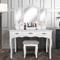 Selection vanity beauty station tri folding necklace hooked mirrors 6 organization 7 drawers makeup dress table with cushioned stool and storage ottoman white