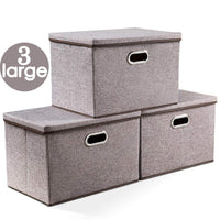 Prandom Large Collapsible Storage Bins with Lids [3-Pack] Linen Fabric Foldable Storage Boxes Organizer Containers Baskets Cube with Cover for Home Bedroom Closet Office Nursery (17.7x11.8x11.8")