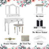 Storage organizer vanity beauty station tri folding necklace hooked mirrors 6 organization 7 drawers makeup dress table with cushioned stool and storage ottoman white