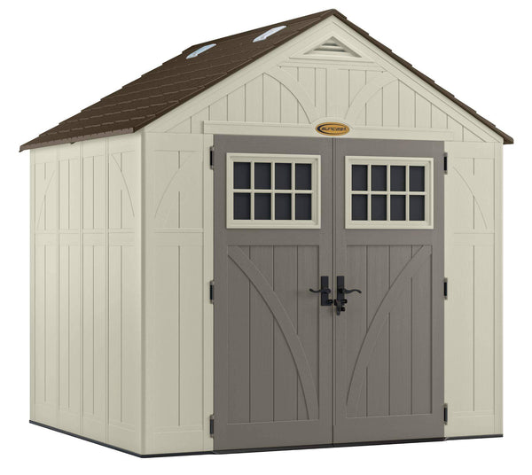 Buy now suncast 8 x 7 tremont storage shed with windows outdoor storage for backyard tools and accessories all weather resin material transom windows and shingle style roof