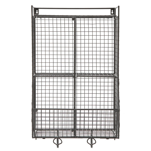 Wall Mounted/Collapsible Black Metal Wire Mesh Storage Basket Shelf Organizer Rack w/ 2 Hanging Hooks
